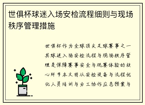 世俱杯球迷入场安检流程细则与现场秩序管理措施